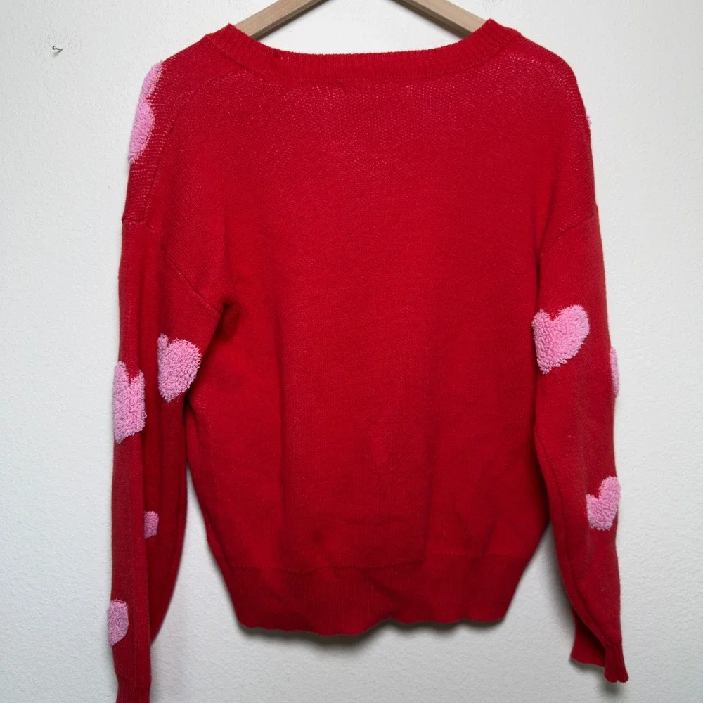 33 Degrees Women Cardigan Sweater Medium Red Pink Fuzzy Heart Preppy Novelty